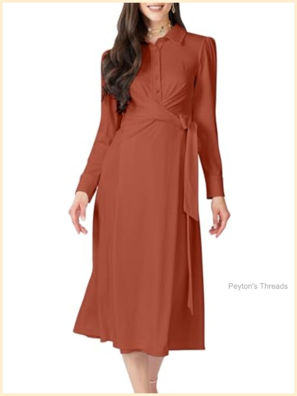 KOH KOH Women's Long Sleeve Wrap Collar Midi Dress - Fall Office Modest